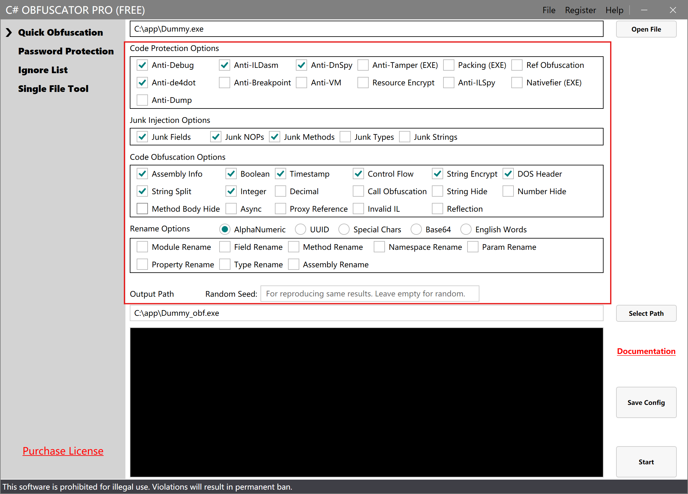 Select Obfuscation Options